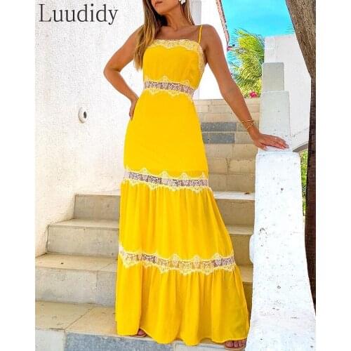 Women Sexy Eyelash Lace Patchwork Spaghetti Strap Maxi Dress