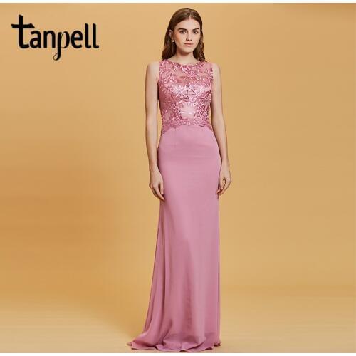 Tanpell embroidery evening dress peach sleeveless a line floor length dresses women scoop formal party prom long evening gown