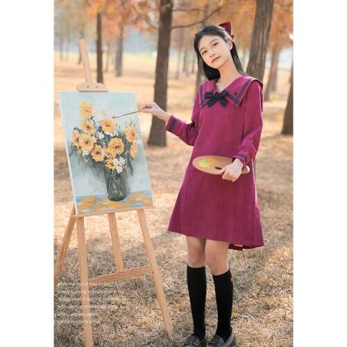 2021 Autumn New Navy Neck Cute Dresses Long Sleeve Bow Lovely Japanese Purple Gentle Corduroy Dress Vestido de mujer