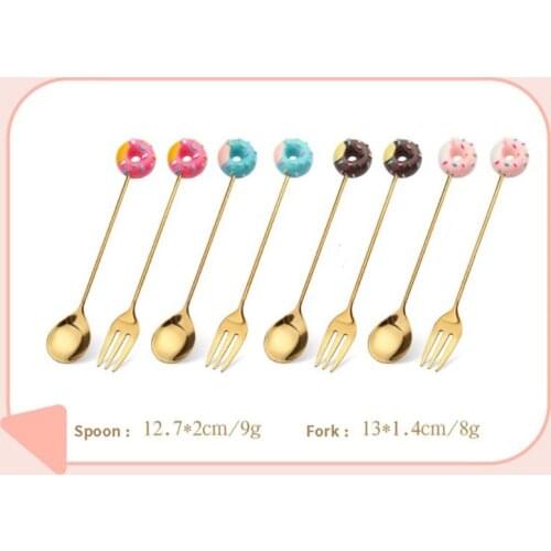 1pc Cartoon Donut Gold Fork Spoon 304 Stainless Steel Dessert Fruit Forks Honey Coffee Stirring Spoon Kid Dinnerware Accessories