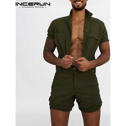 2021 Men Rompers Joggers Solid Color Lapel Streetwear Short Sleeve Cargo Overalls Button Summer Pockets Casual Jumpsuits INCERUN