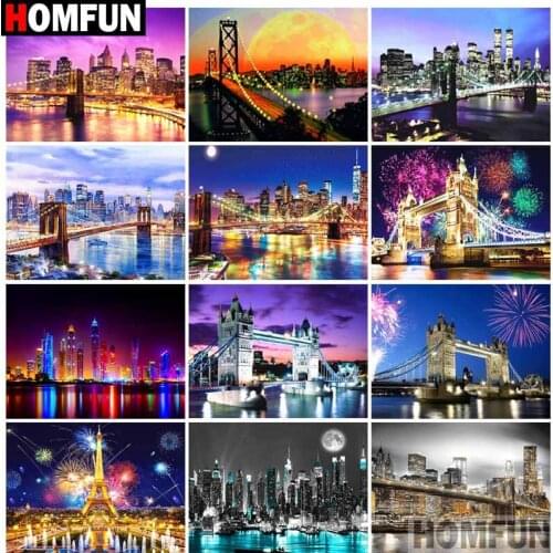 HOMFUN Full Square/Round Drill 5D DIY Diamond Painting "Bridge building night view" Embroidery Cross Stitch 5D Home Decor Gift