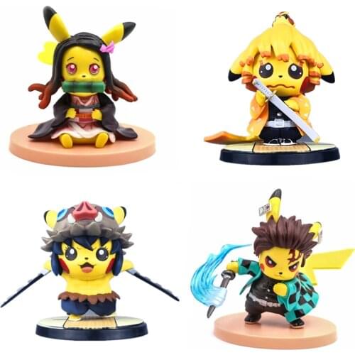 5 Styles Pokemon Anime figure Q version Demon Slayer Pikachu Agatsuma Zenitsu Pikachu Hashibira Inosuke Pikachu Figures Toys