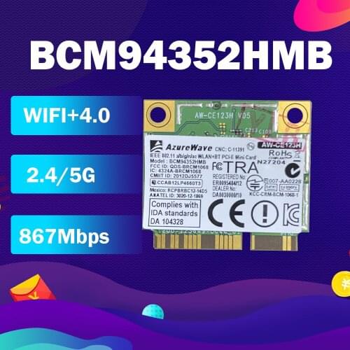 AzureWave AW-CE123H BCM4352 BCM94352HMB Half Mini PCIe PCI-express 802.11AC 867Mhz Wireless WIFI WLAN Bluetooth Card