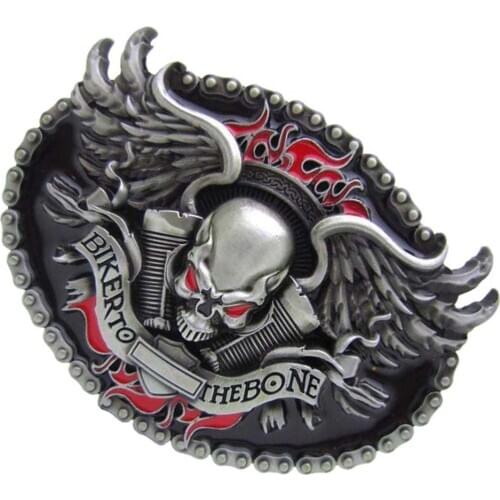 BIKER TO THE BONE Skeleton Head Winged Belt Buckle For Men Leather Belt
