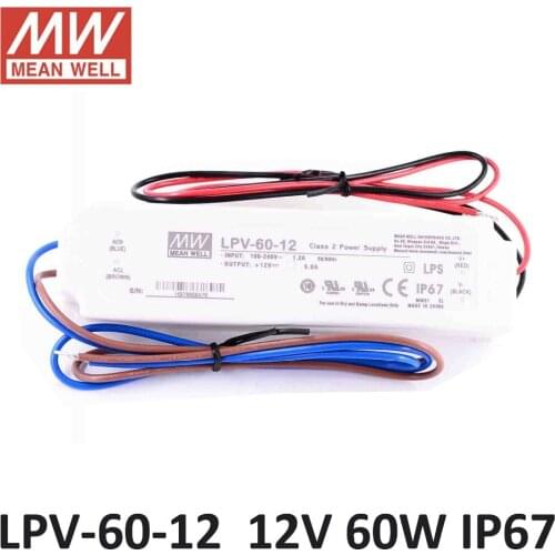 Meanwell waterproof 12V power supply LPV-60-12 UL CB CE PSU 60W 12V 5A LED screen power supply IP67 driver for LED lighting
