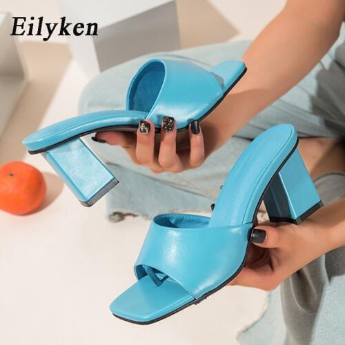 Eilyken 2021 Summer Cozy Pu Leather Women Slipper Outdoor Elegant Ladies Slides Sandals Square High Heels Slip On Clip Toe Shoes