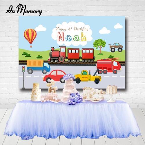 InMemory Cartoon Cars Train Boys Birthday Party Backgrounds For Photo Studio Blue Sky Clouds Hot Air Balloon Backdrop Banner