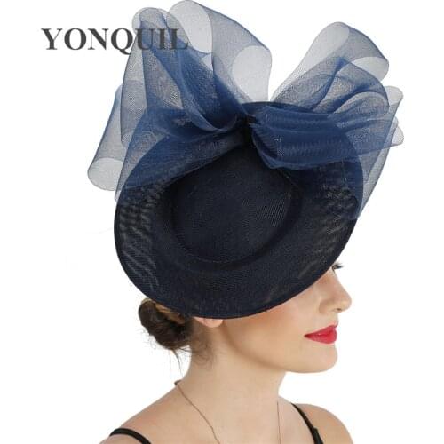 Imitation Sinamay Navy Wedding Headwear Women Fascinator Hat With Bow Hair Accessories Cocktail Race Headpiece Hairpin Mesh Hats