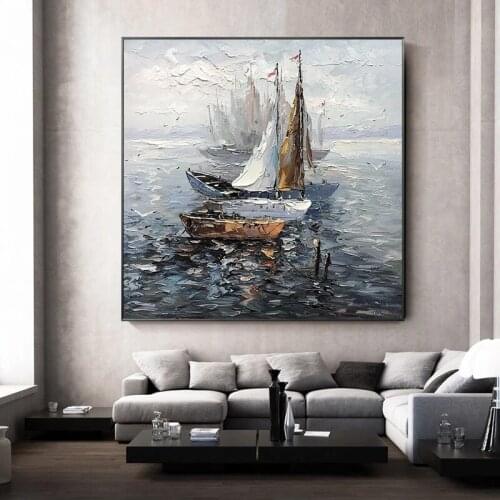 Sailboat Oil Painting On Canvas Hand Painted Wall Art For Living Room Office Wall Decoration Abstract Seascape Painting UnFramed