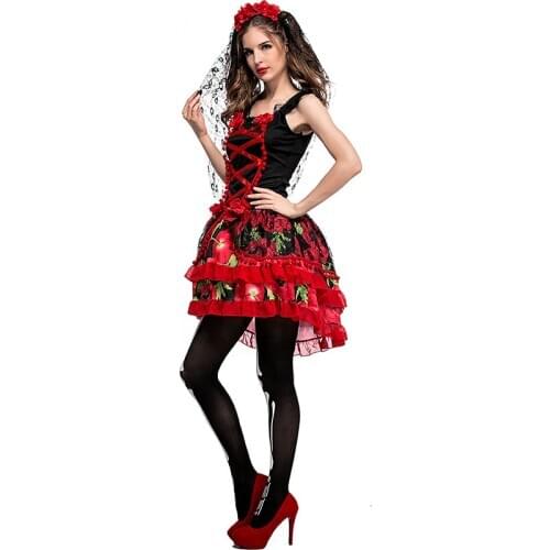 Red and Black Women Zombie Walking Dead Scary Cosplay Female Halloween Ghost Corpse Bride Costumes Purim Role Play Party Dress