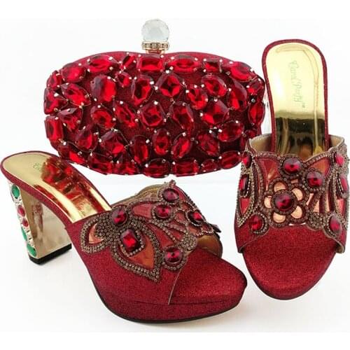 Elegant Purple Color Italian Design 2020 Lastest Fashion Unqie Style Women Shoes and Bag Set Decorated With Rhinestone for Party