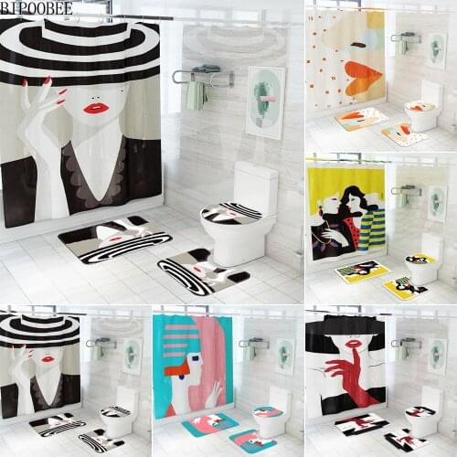 Fashion Lady Printed Shower Curtain Fabric Bathroom Curtains Bath Mats Rugs Pedestal Rug Flannel Toilet Cover Non-slip Carpet