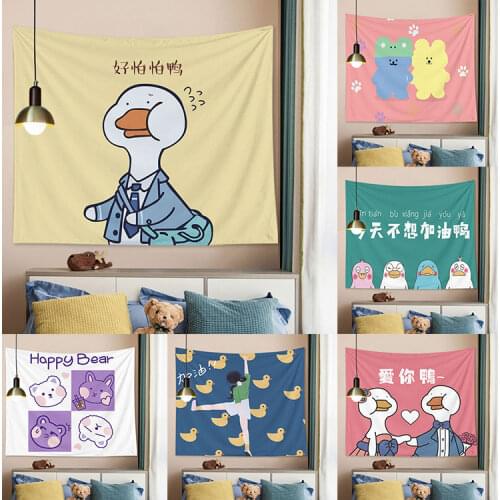 Cartoon Style Cute Animal Bear Duck Pattern Printed Wall Hanging Tapestry Decor Living Room Wall Balcony Polyester Fabric Tapiz