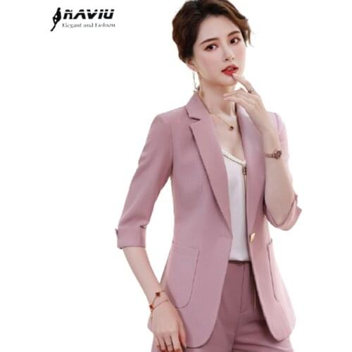 Pink Half Sleeve Women Casual Temperament Fashion New Summer Formal Slim Jacket Office Ladies Work Coat Black
