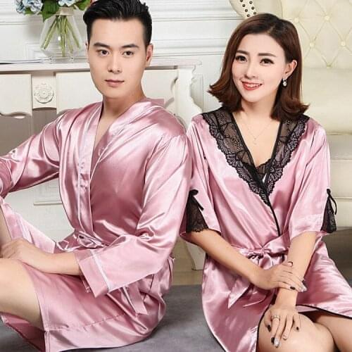 Spring Summer Men and Women-Bathrobe Thin Couples Pajamas Ice Silk Lace Sexy WOMENS Tank Top Robe Set Special Offer