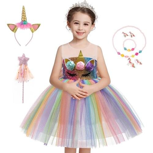 2021 Girls Summer New Style Unicorn Sleeveless Dress with Bowknot Birthday Paty for Kids Horse Costume for Halloween 2 4 6 8 10