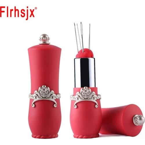 FLRHSJX Lipstick Pin Cushion with 5 Needles Portable Pincushions Safety Sewing Pins Holder DIY Craft Sewing Accessories Kit
