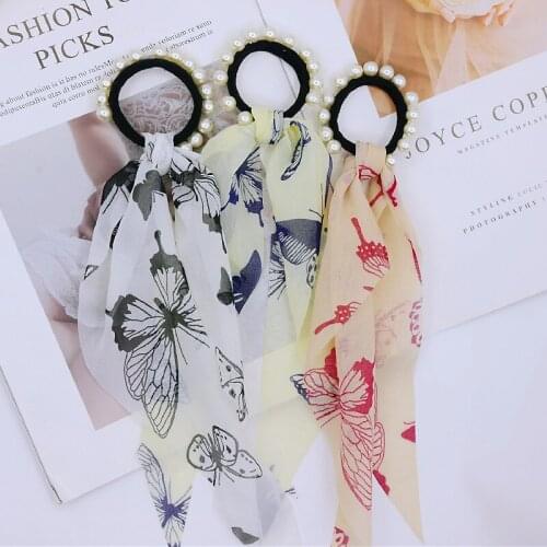 Fashion Pearl Butterfly Letter Bow Long Ribbon Ponytail Scarf Hair Tie Scrunchie Women Girls Elastic Hair Bands Hair Accessories