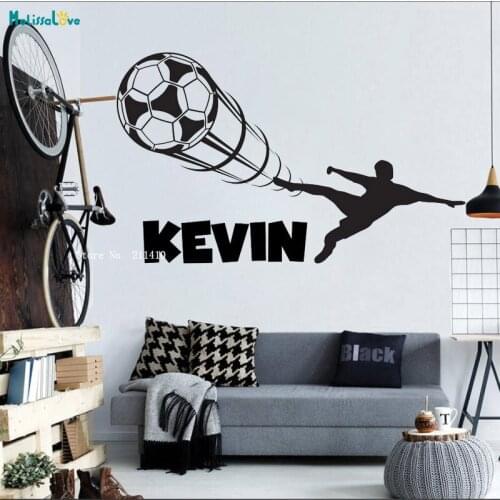 Custom Name Soccer Athlete Shoots Football Wall Stickers Art Simple Design For Kids Baby Room Décor Self-adhesive YT3791