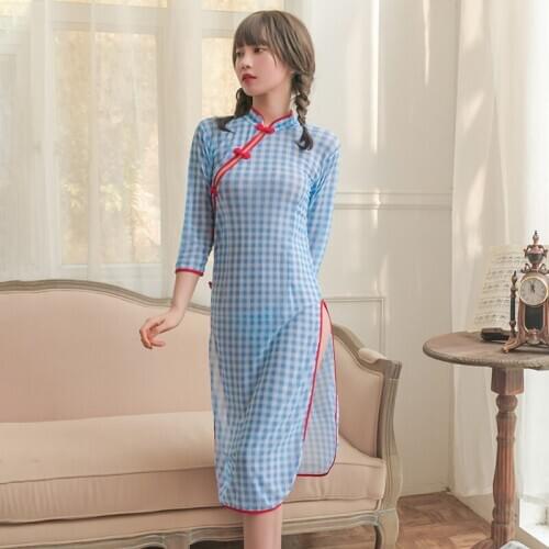 Sexy Schoolgirl Costume for Women Girls Seductive Lingerie Femme Blue Pink Plaid Cheongsam Dress Roleplay Erotic Cosplay Outfit
