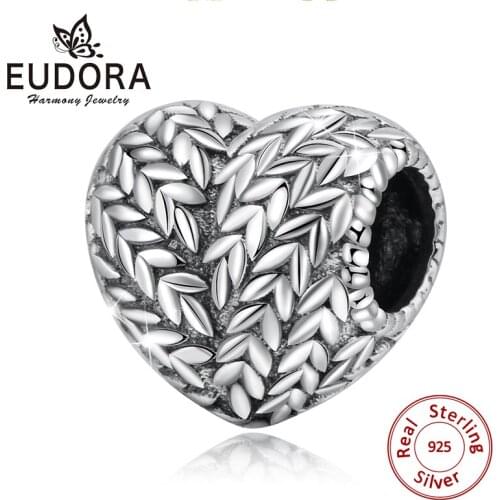 Eudora 100% 925 Sterling Silver Leaf of life in Heart Shape Charm Beads Fit Women Bracelets Bangles DIY Jewelry Making CYZ117
