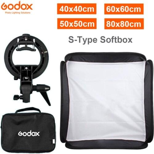GODOX 40x40cm 50x50cm 60x60cm 80x80cm Softbox with S-Type Bracket Stable Bowens Mount Flash Bracket Mount Foldable Softbox Kit
