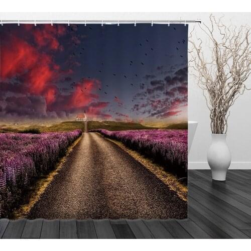 Landscape Shower Curtain 3D Print Sunset city lavender Flowers Scenery Bath With Hooks Bathroom Home Waterproof Shower Curtains