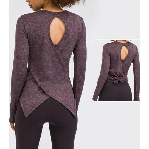 Fitness Womens Long Sleeve Yoga Shirt Female Sport Top Gym Clothing Slim Round Neck Breathable Hollow Back Thumb Jack Running