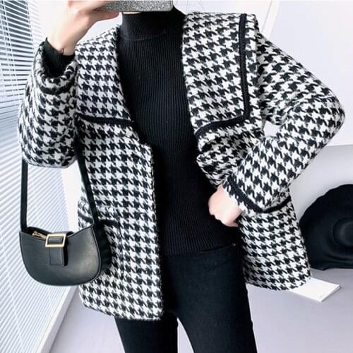 Spring Autumn 2021 Korean Weave Houndstooth Female Short Outwear Sailor Collar Long Sleeve Vetement Femme Fashion Women Clothing