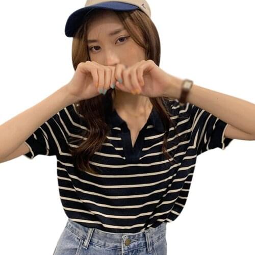 DAXIN Womens Knit Short-sleeved Upper Summer T-shirt Loose French Stripes Summer Tee Shirt Tops