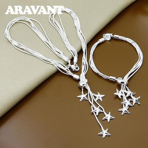 New Fashion Multi Layers Starfish Necklace Bracelet Set 925 Silver Jewelry Set Women Party Gifts