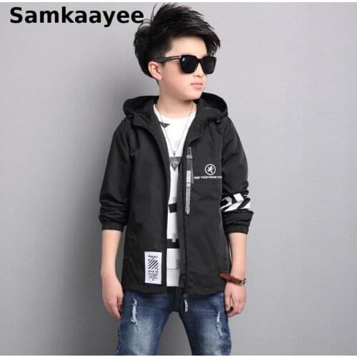 6-16y Kids Trench Spring Autumn Boys Long Jacket Hooded Windbreaker Childrens Solid Color Coats Letter Outerwear Clothing Y40