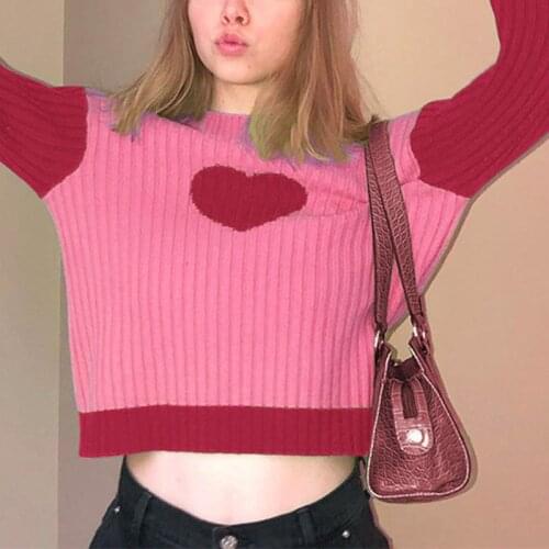 Patchwork Womens Sweater Long Sleeve O-neck Love Pattern Color-Match Knit Ladies Sweaters Pullover Casual Female Knitwear Top