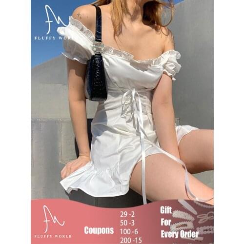 Women White Mini Dress One Shoulder Short Puff Sleeve Ruffle Lace Up Sweet Dresses Summer Party Club Sexy French Romantic Dress