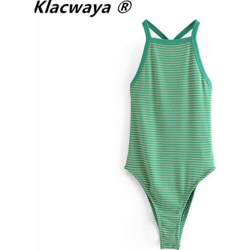 Klacwaya Za 2021 Green Striped Bodysuit Women Backless Summer Bodysuit With Open Back Ribbed Strap Sleeveless Sexy Bodysuits