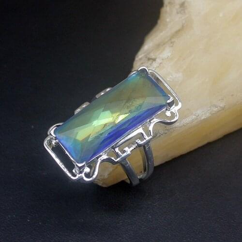 Hermosa Rectangle Rainbow Fire Topaz Genuine 925 Silver Unique Band Ring Wedding Engagement Gifts for Women Size 7# 20214051