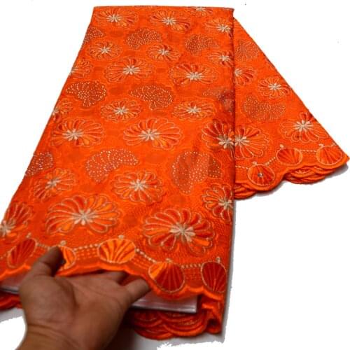 5 Yards high quality orange African swiss voile lace for wedding big occasion clothes cotton fabric lace with stones --P893726