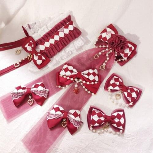 Burgundy plaid Lolita circus JSK dress dress hair fox burning clip hair band flower pill
