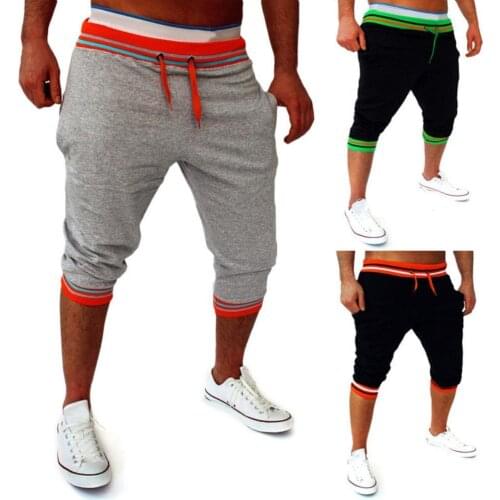 Men Color Block Pockets Drawstring Elastic Capris Trousers Cotton Sports Shorts