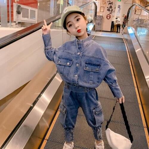 DFXD High Quality Children Clothing Sets Spring Fashion Solid Jeans Cardigan Shirt Coat+Pant 2pc Denim Suit 3-12T Girls Clothes