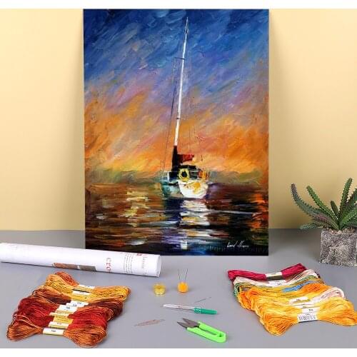 Yacht Boat Printed Canvas 11CT Cross-Stitch Embroidery Set DMC Threads Handicraft Handmade Needlework Knitting Design