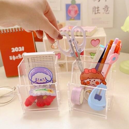 Kawaii Acrylic Transparent Pen Holder Cartoon Bear Rabbit Multifunction Desktop Storage Box Mobil Phone Holder School Stationery