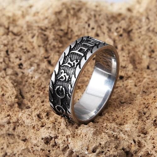 Vintage Stainless Steel Six-Character Mantra Rings For Men Punk Amulet Lucky Ring Men Women Fashion Jewelry Party Best Gift