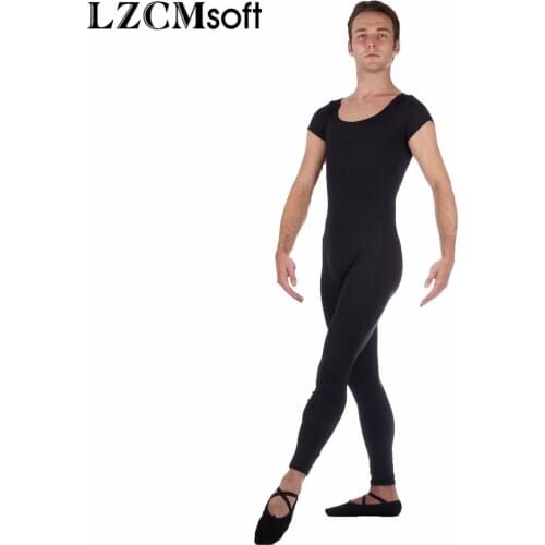 LZCMsoft Mens Spandex Lycra Cap Sleeves Unitard Adult One Piece Black Footless Unitards Dancewear Stage Performance Costumes