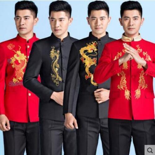 Blazer men formal dress stand collar latest coat pant designs marriage suit men embroidered Dragon wedding suits for mens red