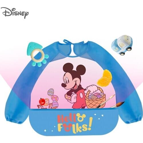 Disney Baby Bibs Cute Waterproof Long Sleeve Mickey Minnie Cartoon Bibs Cloth Feeding Bib with Pocket Child Apron Smock