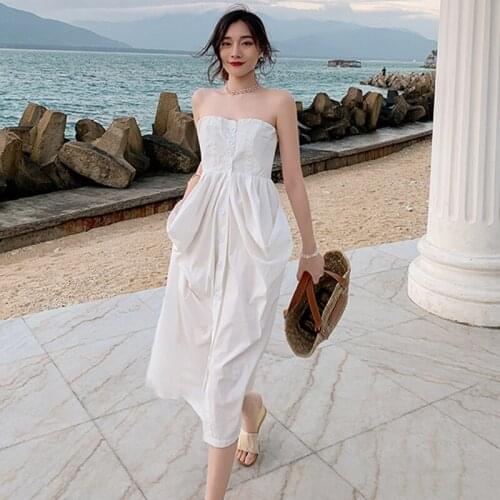 New arrival fashion korean summer midi party dress women casual button sexy strapless backless bandage white beach holiday dress
