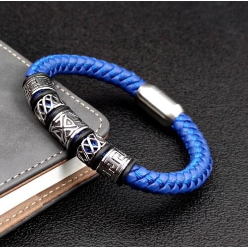 New Classic Viking Blue Men Handmade Leather Bracelet Stainless Steel Matte Button Bracelet Jewelry Dropshipping 195/215/235CM