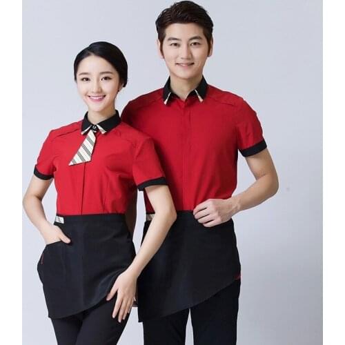 Hotel Waitress Workwear Female Restaurant Staff Overalls Short Sleeve Fast Food Susu Shop Femme Male Waiter Uniforme Coat H2299